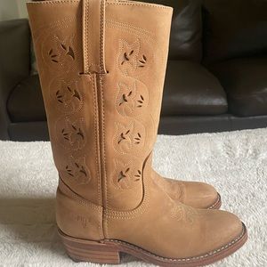 FRYE cowboy tan leather boots with embroidery women size 6.5 mid calve